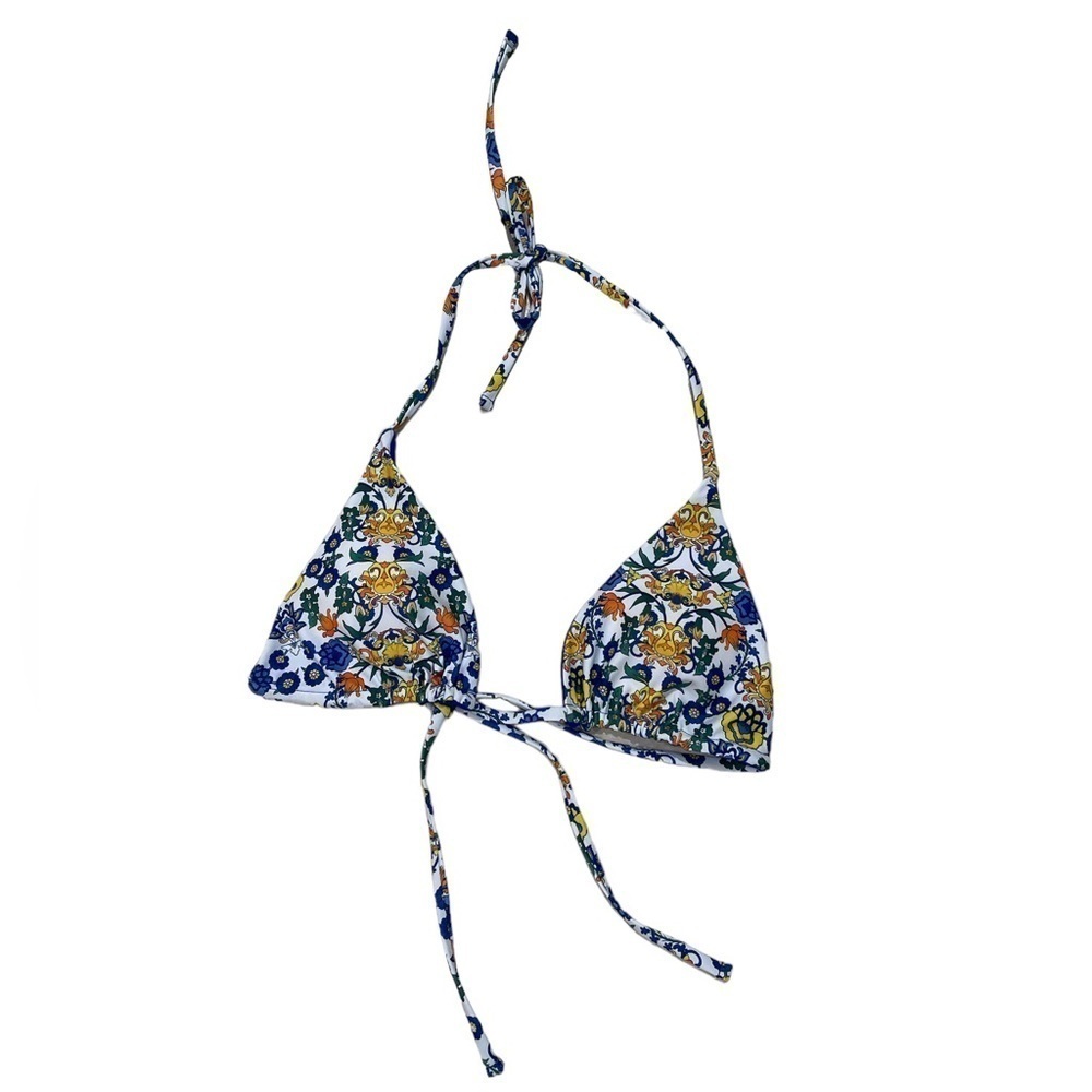 ZAFUL Tie Side Ethnic Style Floral String Triangle Bikini Top Swimwear - Blue S